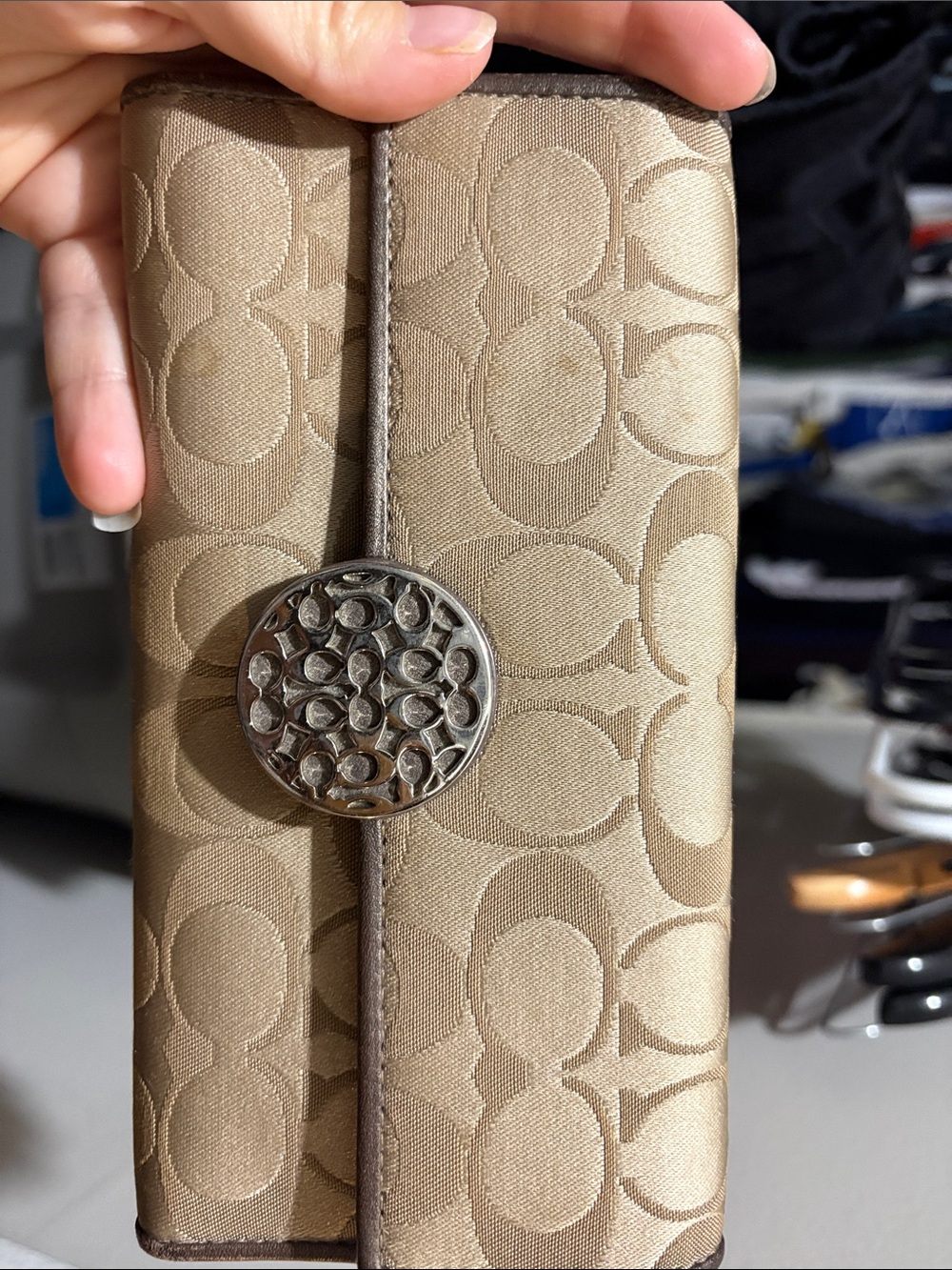 Coach Tan Signature Canvas Snap Wallet with Silver Medallion